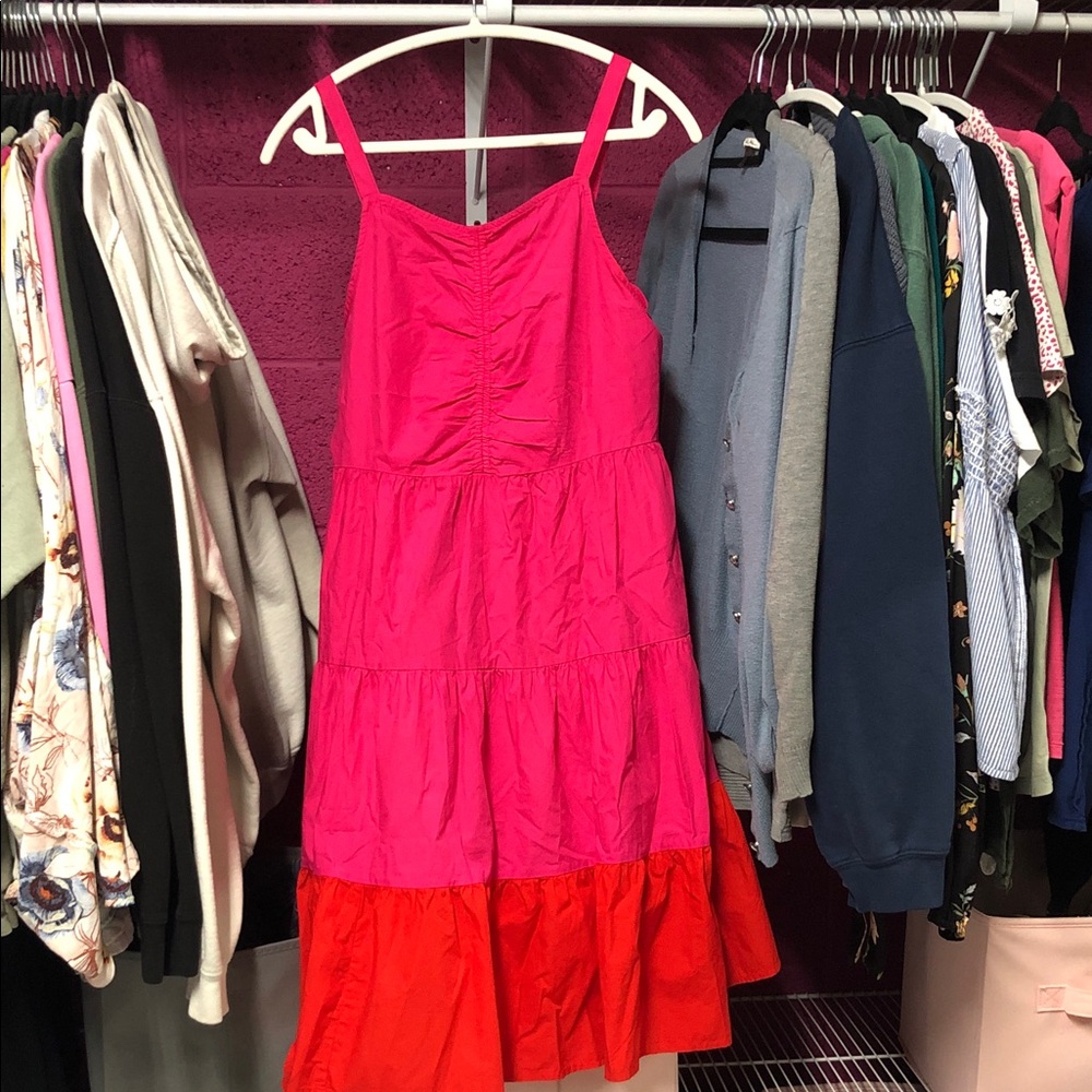 100% cotton Women's Two-Tone Pink and Red Tiered Sundress